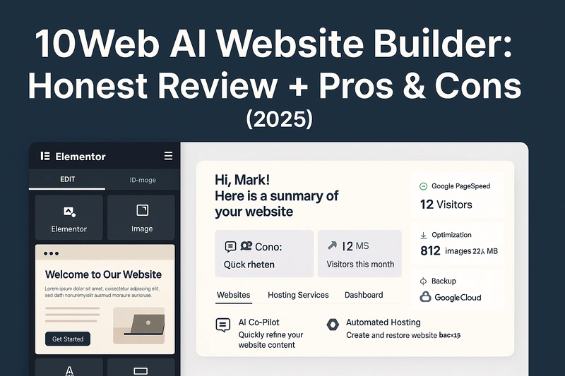 10Web AI website builder interface and dashboard with features like Elementor, AI Co-Pilot, and Google Cloud hosting