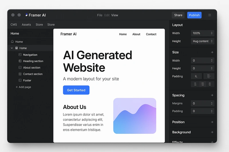Framer AI website builder interface showing drag-and-drop editor and layout features in 2025