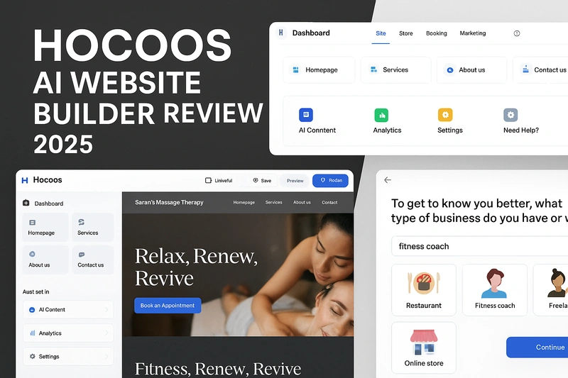 Screenshot collage of Hocoos AI website builder dashboard, homepage editor, and business setup screen in 2025