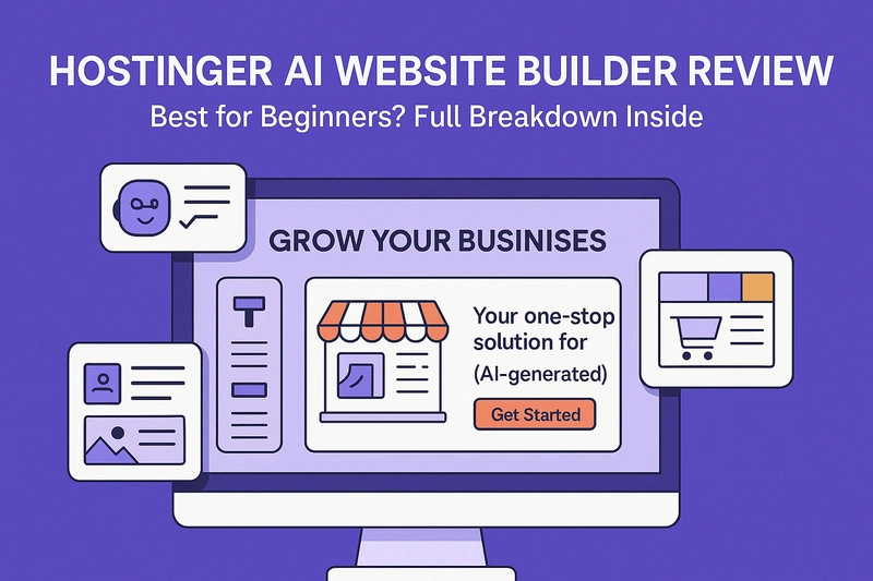 Illustration showing Hostinger AI Website Builder interface with highlighted features like drag-and-drop editor, AI text, and ecommerce tools, labeled as beginner-friendly.