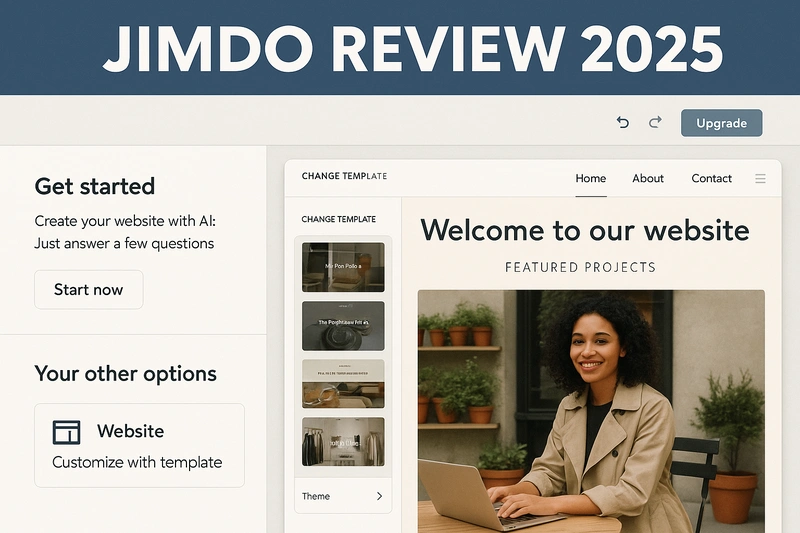 Jimdo website builder interface showing template and AI setup options