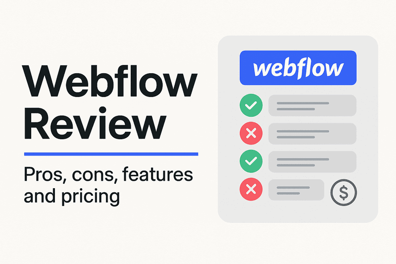 Webflow Review 2025 infographic showing pros, cons, and pricing in a simple horizontal layout